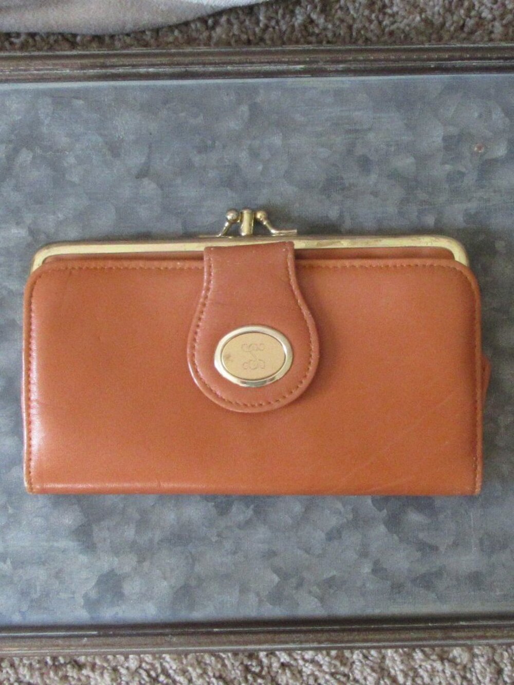 VTG 70s Genuine Leather Orange Brown Organizer Wallet w. Gold Tone Kiss Lock